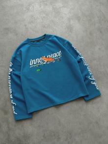 ROMWE MEN Men's Long Sleeve Tiger Puff Print Loose Fit T-Shirt - Blue - View 2