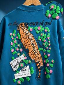 ROMWE MEN Men's Long Sleeve Tiger Puff Print Loose Fit T-Shirt - Blue - View 3