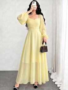Modelyn Spring/Summer Polka Dot Waist-Cinching Slimming Elegant Fashionable Dress - Yellow - View 4