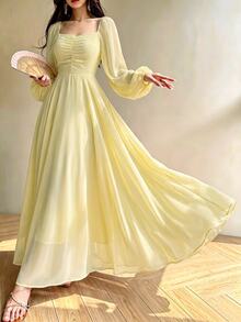 Modelyn Spring/Summer Polka Dot Waist-Cinching Slimming Elegant Fashionable Dress - Yellow - View 6