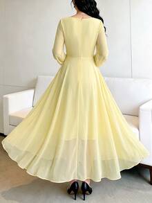 Modelyn Spring/Summer Polka Dot Waist-Cinching Slimming Elegant Fashionable Dress - Yellow - View 2
