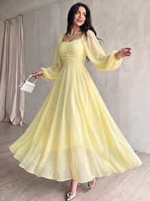 Modelyn Spring/Summer Polka Dot Waist-Cinching Slimming Elegant Fashionable Dress - Yellow - View 3