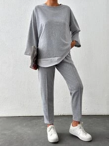 SHEIN Cottnline Plus Size Woman's 90 Cotton Drop Shoulder 2 In 1 Tee Seam Detail Pants Formal Lounge Grey Summer Casual - Light Grey - View 7