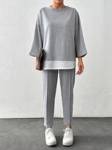 SHEIN Cottnline Plus Size Woman's 90 Cotton Drop Shoulder 2 In 1 Tee Seam Detail Pants Formal Lounge Grey Summer Casual - Light Grey - View 5