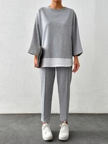 SHEIN Cottnline Plus Size Woman's 90 Cotton Drop Shoulder 2 In 1 Tee Seam Detail Pants Formal Lounge Grey Summer Casual - Light Grey - View 6