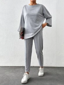 SHEIN Cottnline Plus Size Woman's 90 Cotton Drop Shoulder 2 In 1 Tee Seam Detail Pants Formal Lounge Grey Summer Casual - Light Grey - View 2