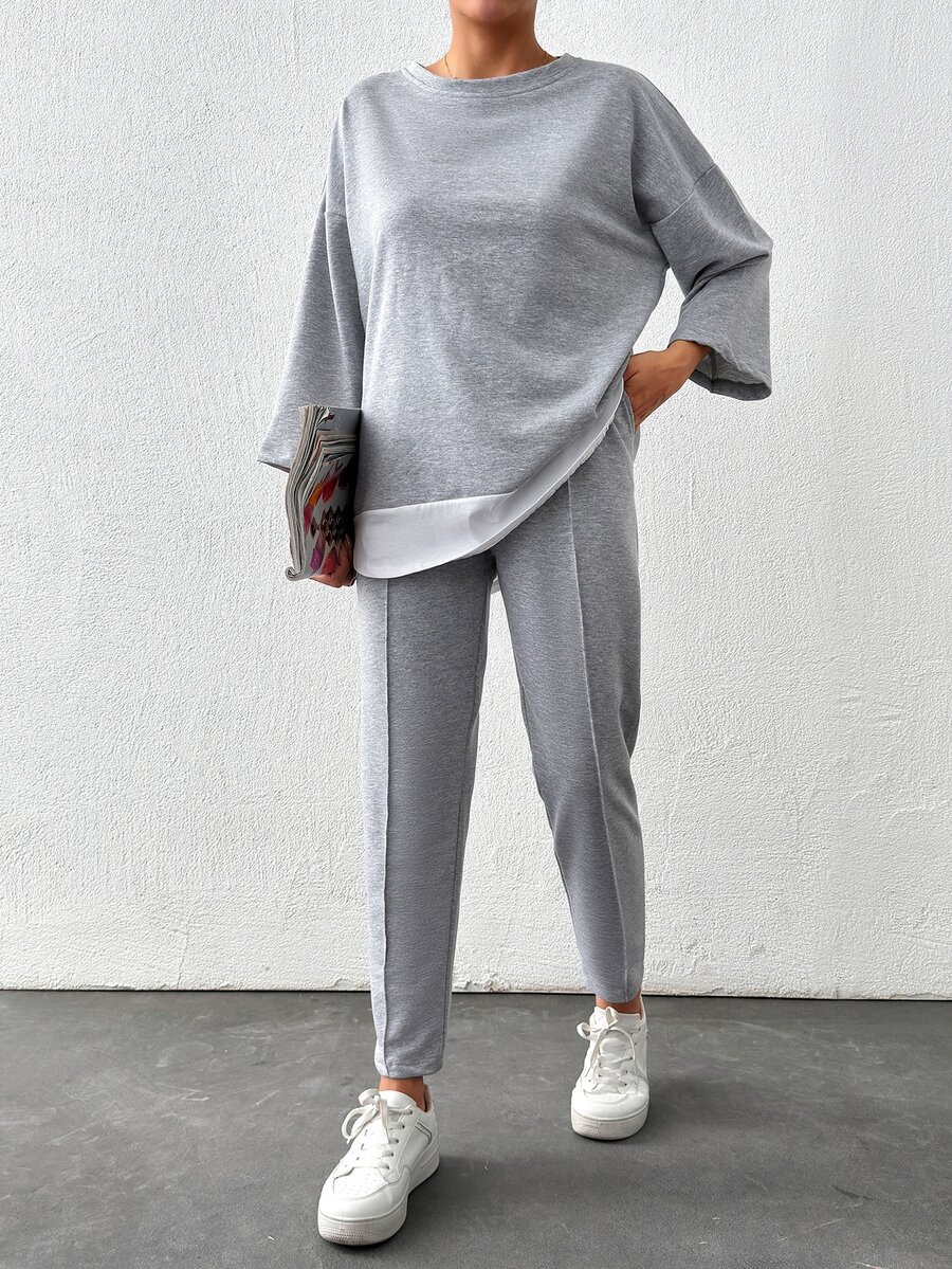 SHEIN Cottnline Plus Size Woman's 90 Cotton Drop Shoulder 2 In 1 Tee Seam Detail Pants Formal Lounge Grey Summer Casual