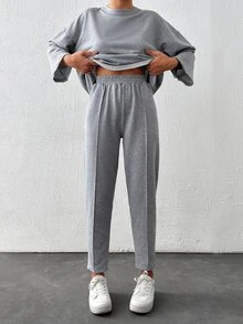 SHEIN Cottnline Plus Size Woman's 90 Cotton Drop Shoulder 2 In 1 Tee Seam Detail Pants Formal Lounge Grey Summer Casual - Light Grey - View 4