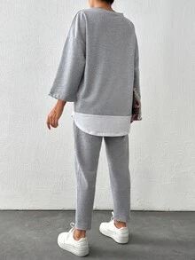 SHEIN Cottnline Plus Size Woman's 90 Cotton Drop Shoulder 2 In 1 Tee Seam Detail Pants Formal Lounge Grey Summer Casual - Light Grey - View 3