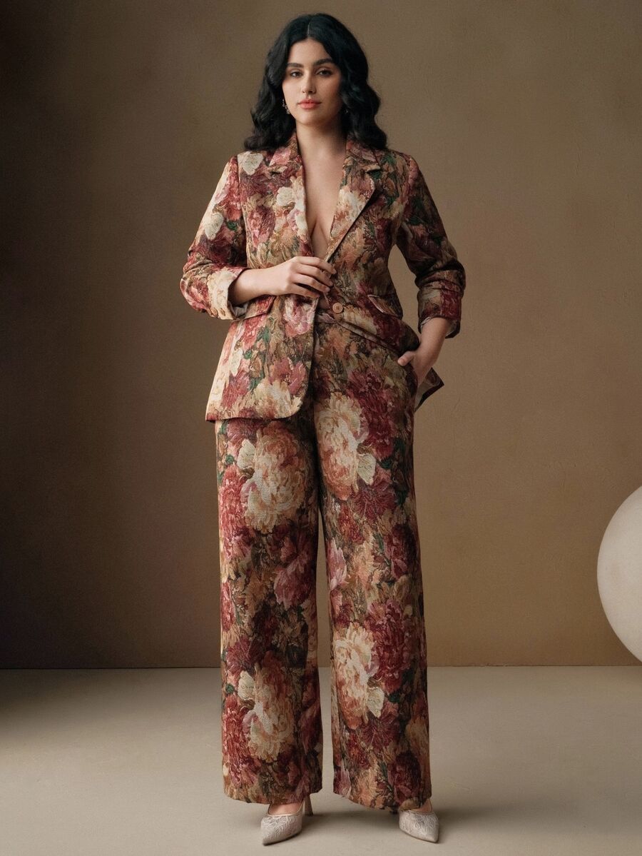 Anewsta Valentine Vintage Floral Random Pattern Waist Cinched Slim Fit Plus Size Women Blazer - Multicolor - View 1