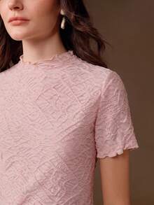 Anewsta Essential Elegant Textured Pink Crew Neck Ruched Design Fitted Short Sleeve T-Shirt For Women - Pink - View 4