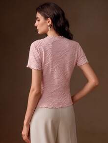 Anewsta Essential Elegant Textured Pink Crew Neck Ruched Design Fitted Short Sleeve T-Shirt For Women - Pink - View 8