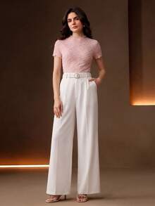 Anewsta Essential Elegant Textured Pink Crew Neck Ruched Design Fitted Short Sleeve T-Shirt For Women - Pink - View 7