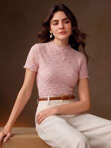 Anewsta Essential Elegant Textured Pink Crew Neck Ruched Design Fitted Short Sleeve T-Shirt For Women - Pink - View 2