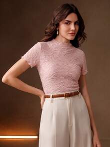 Anewsta Essential Elegant Textured Pink Crew Neck Ruched Design Fitted Short Sleeve T-Shirt For Women - Pink - View 5