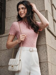 Anewsta Essential Elegant Textured Pink Crew Neck Ruched Design Fitted Short Sleeve T-Shirt For Women - Pink - View 1