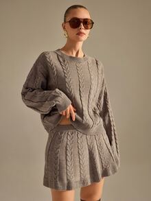 CLARA VERO Taupe Fuzzy Polo Collar Mini Knit Set, Regular Fit, Perfect For Brunch Or Daytime Events Everyday Work Autumn Winter Casual - Brown - View 6