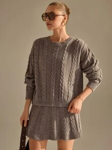 CLARA VERO Taupe Fuzzy Polo Collar Mini Knit Set, Regular Fit, Perfect For Brunch Or Daytime Events Everyday Work Autumn Winter Casual - Brown - View 5