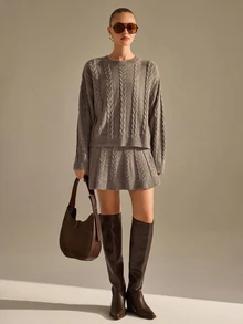 CLARA VERO Taupe Fuzzy Polo Collar Mini Knit Set, Regular Fit, Perfect For Brunch Or Daytime Events Everyday Work Autumn Winter Casual - Brown - View 7