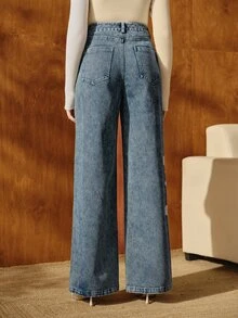 Anewsta Elegant Floral Embroidered Trousers, Sophisticated Urban Vacation, Suitable For Valentine's Day And Chinese New Year - Dark Wash - View 7