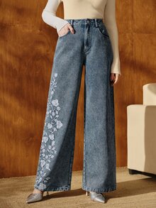Anewsta Elegant Floral Embroidered Trousers, Sophisticated Urban Vacation, Suitable For Valentine's Day And Chinese New Year - Dark Wash - View 3
