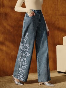 Anewsta Elegant Floral Embroidered Trousers, Sophisticated Urban Vacation, Suitable For Valentine's Day And Chinese New Year - Dark Wash - View 2