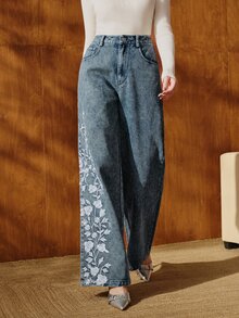 Anewsta Elegant Floral Embroidered Trousers, Sophisticated Urban Vacation, Suitable For Valentine's Day And Chinese New Year - Dark Wash - View 8
