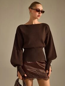 CLARA VERO كنزة صوفية محبوكة بأكمام خفاشية وأساور بأزرار، قصة ضيقة، للاستخدام اليومي أو المكتب، بياقة قارب، أكمام طويلة خفاشية - بني - مشاهدة 7