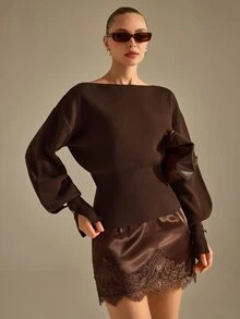 CLARA VERO كنزة صوفية محبوكة بأكمام خفاشية وأساور بأزرار، قصة ضيقة، للاستخدام اليومي أو المكتب، بياقة قارب، أكمام طويلة خفاشية - بني - مشاهدة 9