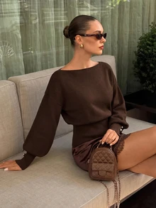 CLARA VERO كنزة صوفية محبوكة بأكمام خفاشية وأساور بأزرار، قصة ضيقة، للاستخدام اليومي أو المكتب، بياقة قارب، أكمام طويلة خفاشية - بني - مشاهدة 10