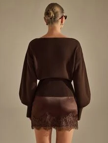 CLARA VERO كنزة صوفية محبوكة بأكمام خفاشية وأساور بأزرار، قصة ضيقة، للاستخدام اليومي أو المكتب، بياقة قارب، أكمام طويلة خفاشية - بني - مشاهدة 4