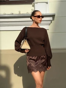 CLARA VERO كنزة صوفية محبوكة بأكمام خفاشية وأساور بأزرار، قصة ضيقة، للاستخدام اليومي أو المكتب، بياقة قارب، أكمام طويلة خفاشية - بني - مشاهدة 3