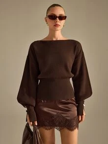 CLARA VERO كنزة صوفية محبوكة بأكمام خفاشية وأساور بأزرار، قصة ضيقة، للاستخدام اليومي أو المكتب، بياقة قارب، أكمام طويلة خفاشية - بني - مشاهدة 6