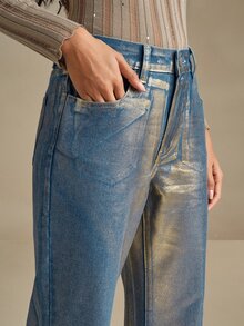 Anewsta Women's Fashion Metallic Effect Loose Fit Wide Leg Jeans - Blue - View 7