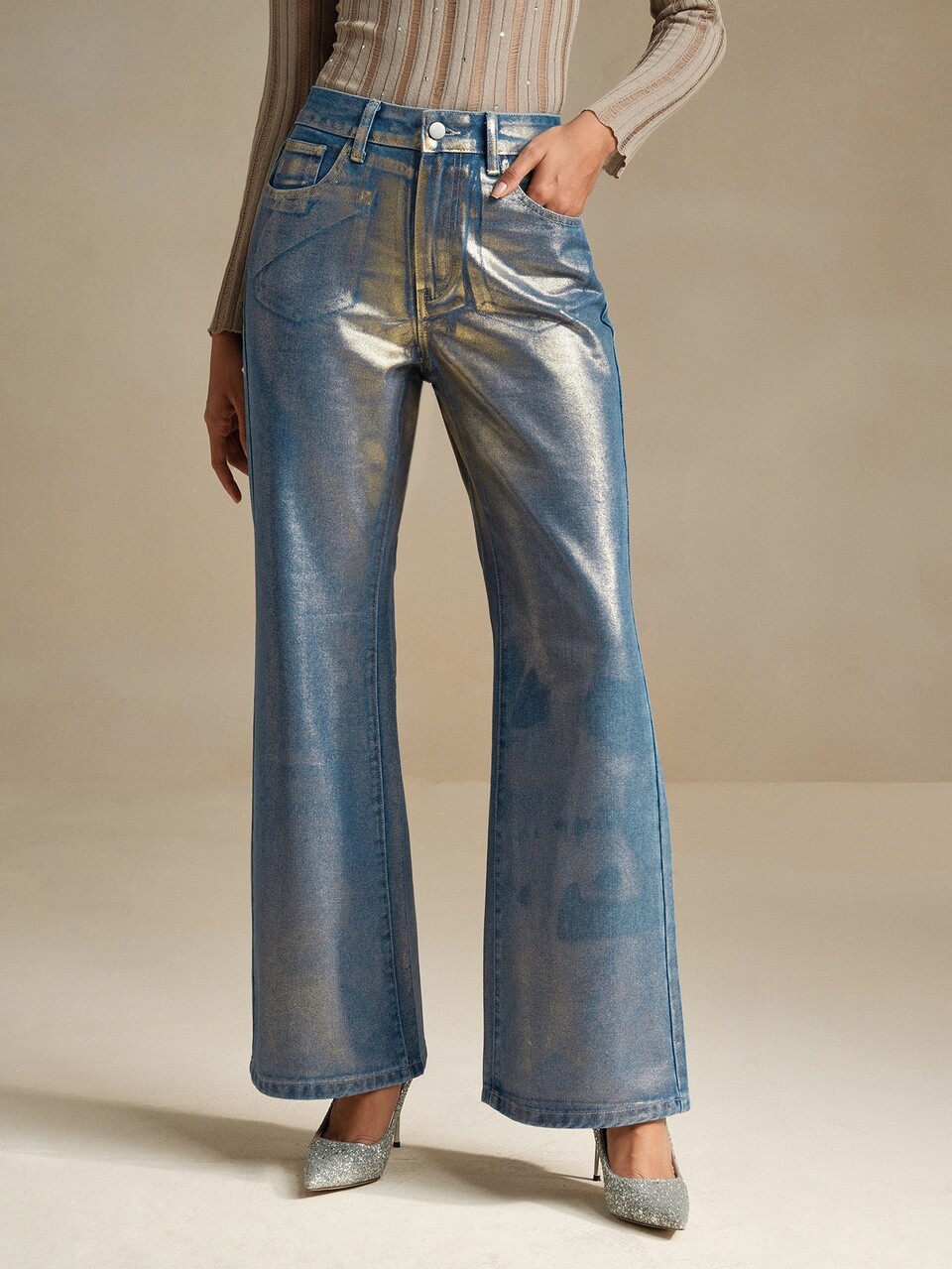Anewsta Women's Fashion Metallic Effect Loose Fit Wide Leg Jeans