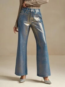 Anewsta Women's Fashion Metallic Effect Loose Fit Wide Leg Jeans - Blue - View 6