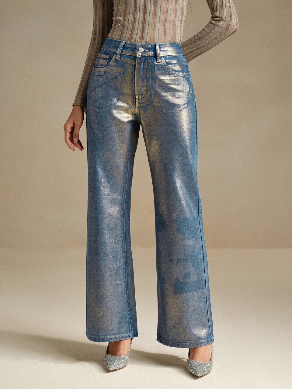 Anewsta Women's Fashion Metallic Effect Loose Fit Wide Leg Jeans