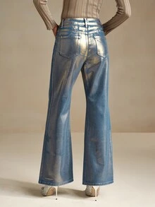 Anewsta Women's Fashion Metallic Effect Loose Fit Wide Leg Jeans - Blue - View 4