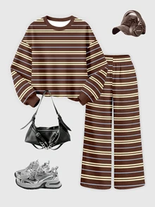 (1 Set)Young Girls Casual Fashion Minimalist Brown Yellow Blue Three-Color Striped Pattern Crew Neck Sweatshirt And Wide Leg Pants, Autumn/Winter - Multicolor - View 4