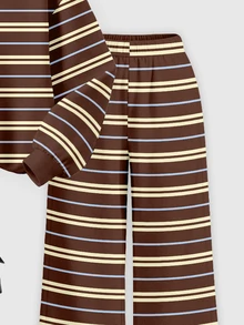 (1 Set)Young Girls Casual Fashion Minimalist Brown Yellow Blue Three-Color Striped Pattern Crew Neck Sweatshirt And Wide Leg Pants, Autumn/Winter - Multicolor - View 7