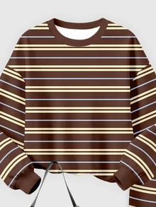 (1 Set)Young Girls Casual Fashion Minimalist Brown Yellow Blue Three-Color Striped Pattern Crew Neck Sweatshirt And Wide Leg Pants, Autumn/Winter - Multicolor - View 6