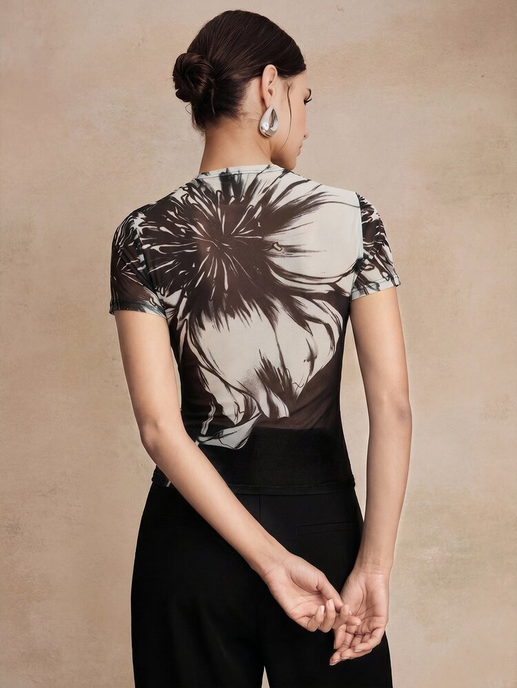 Anewsta Elegant High Neck Fitted Black T-Shirt, Vintage Floral Print Mesh Trim Tee For Women - Black - View 8
