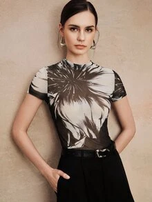 Anewsta Elegant High Neck Fitted Black T-Shirt, Vintage Floral Print Mesh Trim Tee For Women - Black - View 2