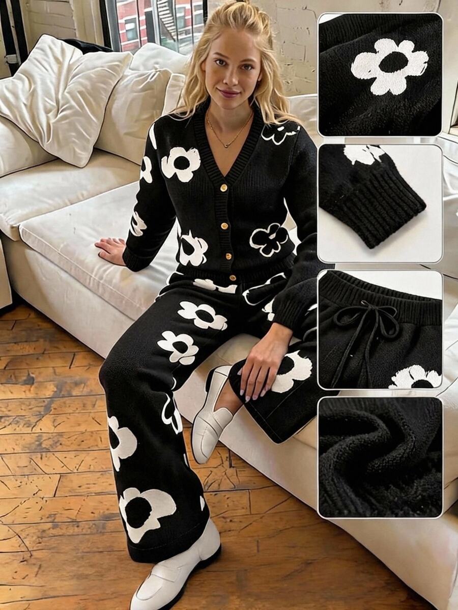SHEIN كارديجان محبوك بأكمام طويلة بنقشة زهور وبنطال محبوك برباط سحب للنساء ذوات المقاسات الكبيرة
