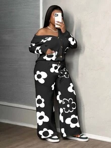 SHEIN كارديجان محبوك بأكمام طويلة بنقشة زهور وبنطال محبوك برباط سحب للنساء ذوات المقاسات الكبيرة - متعدد الألوان - مشاهدة 7