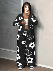 SHEIN كارديجان محبوك بأكمام طويلة بنقشة زهور وبنطال محبوك برباط سحب للنساء ذوات المقاسات الكبيرة - متعدد الألوان - مشاهدة 5