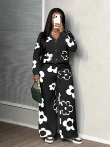 SHEIN كارديجان محبوك بأكمام طويلة بنقشة زهور وبنطال محبوك برباط سحب للنساء ذوات المقاسات الكبيرة - متعدد الألوان - مشاهدة 10