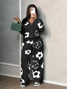 SHEIN كارديجان محبوك بأكمام طويلة بنقشة زهور وبنطال محبوك برباط سحب للنساء ذوات المقاسات الكبيرة - متعدد الألوان - مشاهدة 3