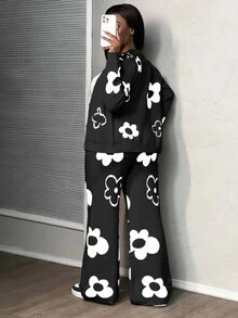 SHEIN كارديجان محبوك بأكمام طويلة بنقشة زهور وبنطال محبوك برباط سحب للنساء ذوات المقاسات الكبيرة - متعدد الألوان - مشاهدة 9