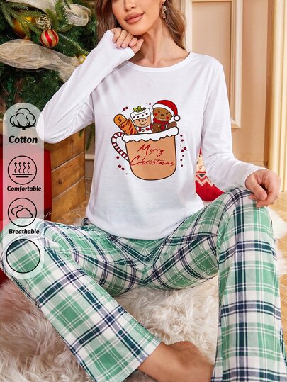 SHEIN Women's Gingerbread Christmas Graphic Pajama Set Long Sleeve Top & Plaid Pants